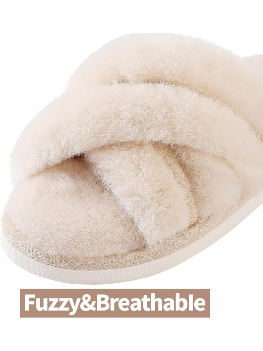 Women's Beige Fuzzy Cross Band Memory Foam House Open Toe Soft Slipper Shoes - Picture 5 of 7
